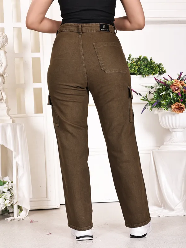 Brown_Green_Denim_Cargo_Pants_For_Women