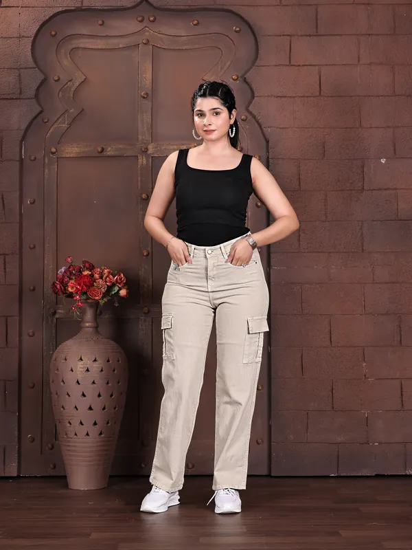 Beige_Denim_Cargo_Pants_For_Women