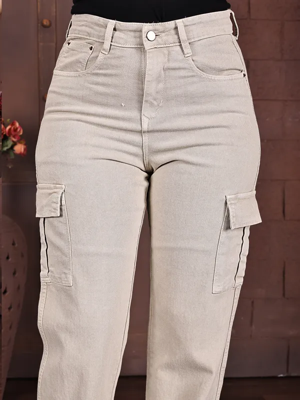 Beige_Denim_Cargo_Pants_For_Women
