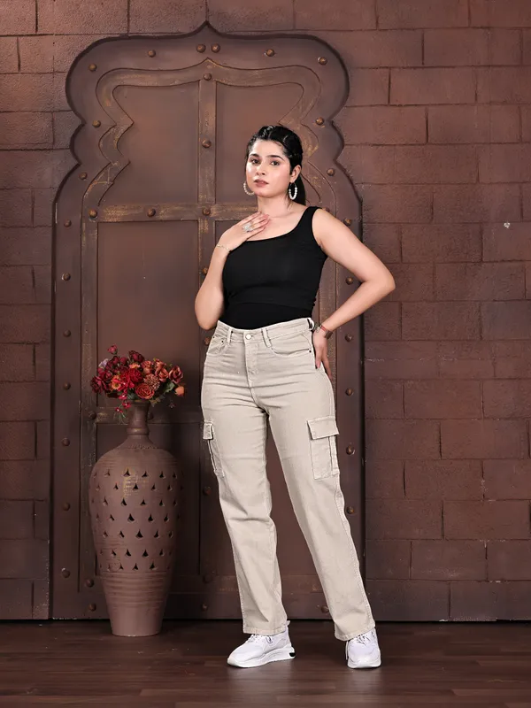 Beige_Denim_Cargo_Pants_For_Women