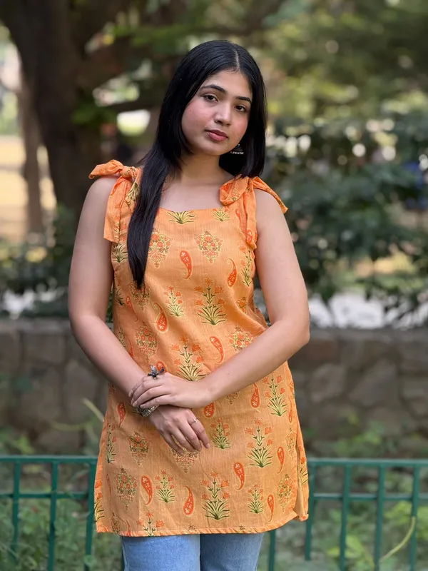 Orange_Floral_Printed_Cotton_Kurti_With_Tie_Up_Shoulder_To_Straps_With_Lace_Detailing_At_Back_For_Women