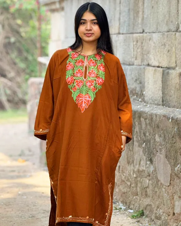 Rust_Brown_Kashmiri_Embroidered_Kurti_Classic_Ethnic_Wear_For_Everyday_Elegance_For_Women