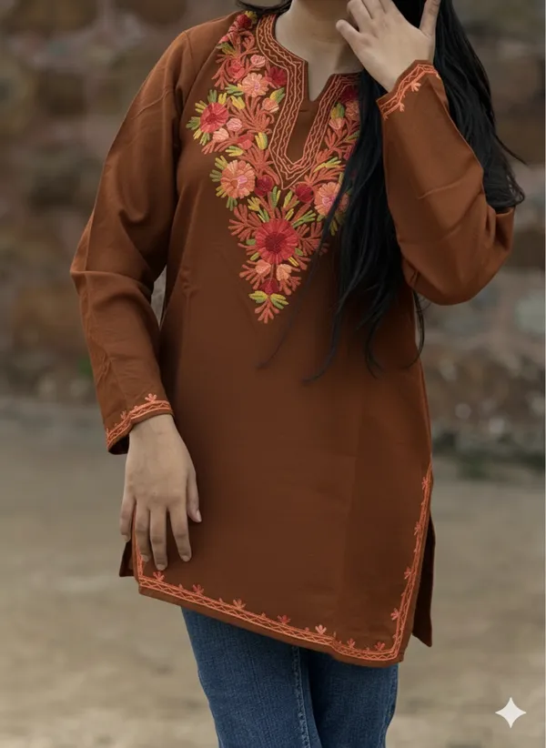 Chocolate_Brown_Floral_Kashmiri_Embroidered_Short_Kurti_Elegant_Everyday_Wear_For_Women