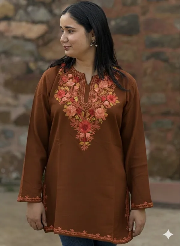 Chocolate_Brown_Floral_Kashmiri_Embroidered_Short_Kurti_Elegant_Everyday_Wear_For_Women