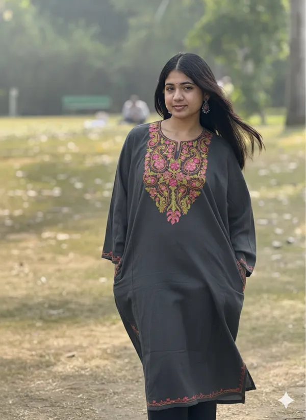 Dark_Grey_And_Maroon_Kashmiri_Pheran_Embroidered_With_Multicolor_Threads_Elegant_Ethnic_Wear_For_Women_Pack_Of_2