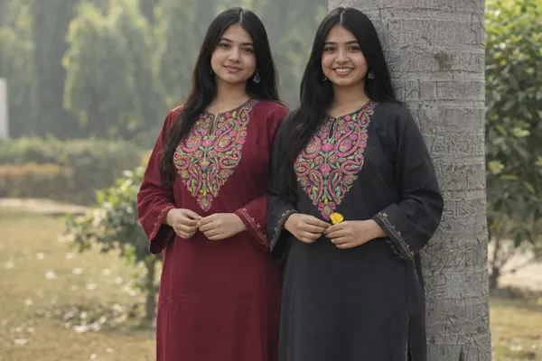Dark_Grey_And_Maroon_Kashmiri_Pheran_Embroidered_With_Multicolor_Threads_Elegant_Ethnic_Wear_For_Women_Pack_Of_2