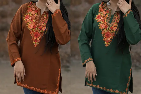Deep_Green_And_Brown_Floral_Kashmiri_Embroidered_Kurti_Elegant_Everyday_Ethnic_Wear_For_Women_Pack_Of_2