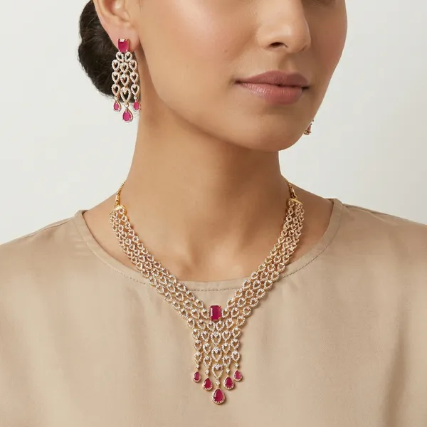 Gold_And_Clear_Cubic_Zirconia_Necklace_Set_For_Women