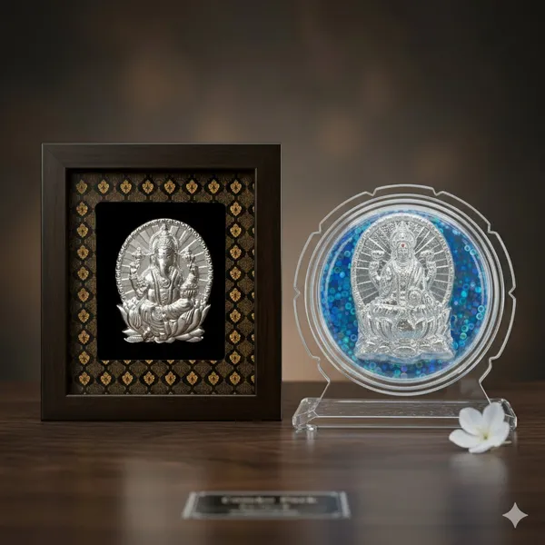 Silver_Deity_Relief_Frame_Medium_Single_With_Golden_Border_And_Embossed_Deity_Medallion_With_Blue_Glitter_Acrylic_Stand
