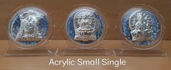 Silver_Deity_Relief_Frame_Medium_Single_With_Golden_Border_And_Embossed_Deity_Medallion_With_Blue_Glitter_Acrylic_Stand