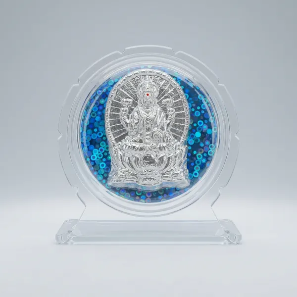 Silver_Deity_Relief_Frame_Medium_Single_With_Golden_Border_And_Embossed_Deity_Medallion_With_Blue_Glitter_Acrylic_Stand