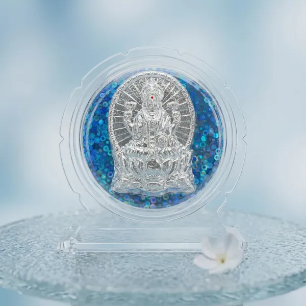 Silver_Deity_Relief_Frame_Medium_Single_With_Golden_Border_And_Embossed_Deity_Medallion_With_Blue_Glitter_Acrylic_Stand