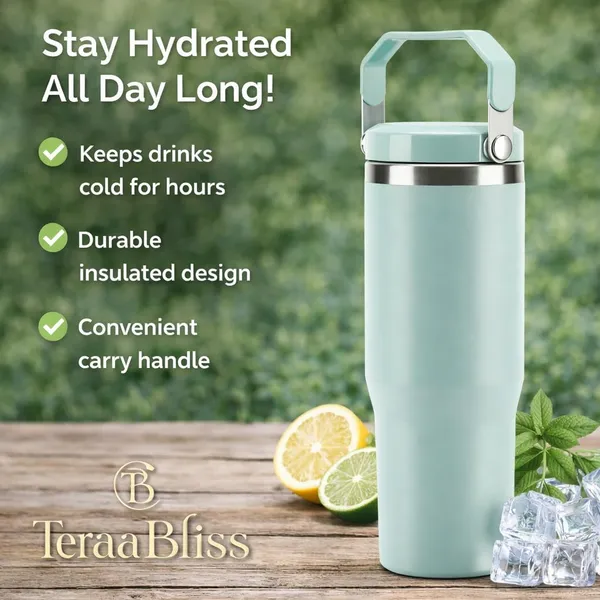 Green_Insulated_Stainless_Steel_Travel_Tumbler_750Ml_Mint_Double_Wall_Vacuum_Water_Bottle_With_Flip_Top_Leak_Resistant_Lid_Carry_Handle_For_Hot_Cold_Drinks