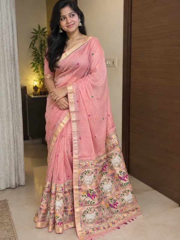 Elegant_Peach_Pink_Muga_Cotton_Saree