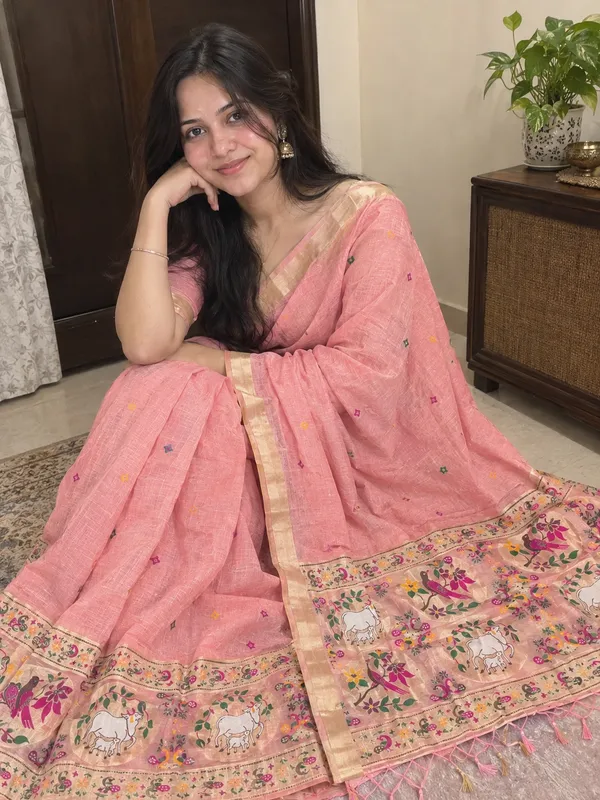 Elegant_Peach_Pink_Muga_Cotton_Saree