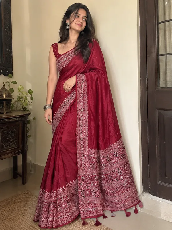 Maroon_Arjakh_Satin_Silk_Saree