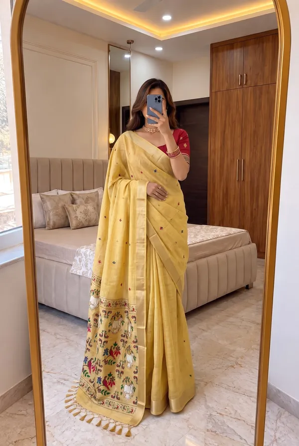 Mustard_Yellow_Pure_Muga_Cotton_Meenakari_Saree_with_Golden_Zari_Border