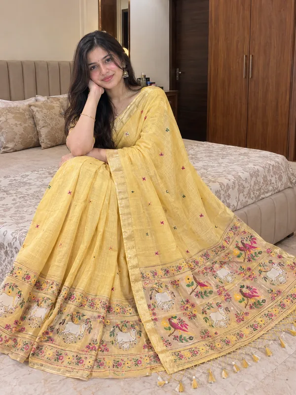 Mustard_Yellow_Pure_Muga_Cotton_Meenakari_Saree_with_Golden_Zari_Border