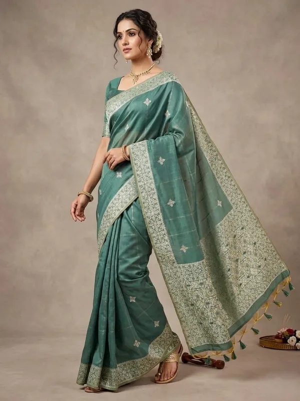 Olive_Green_Chanderi_cotton_with_Jamdani_pallu.