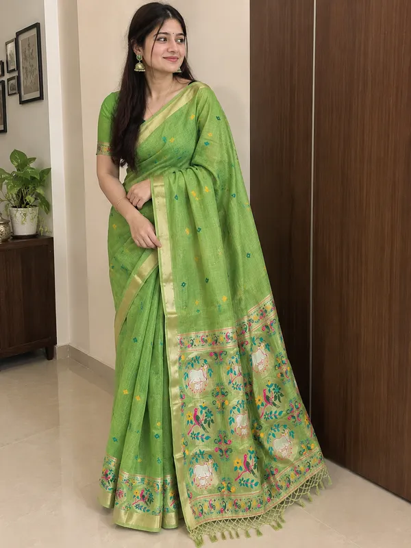 Pastel_Green_Pure_Muga_Cotton_Meenakari_Saree_with_Golden_Zari_Border