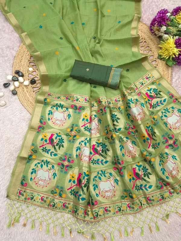 Pastel_Green_Pure_Muga_Cotton_Meenakari_Saree_with_Golden_Zari_Border