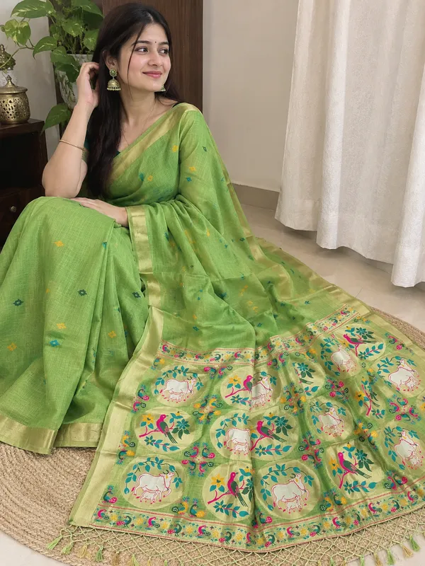 Pastel_Green_Pure_Muga_Cotton_Meenakari_Saree_with_Golden_Zari_Border