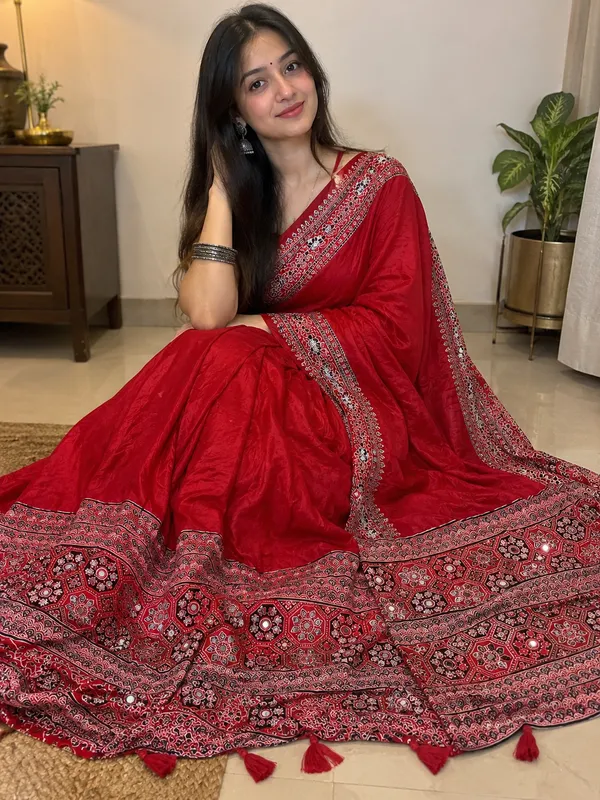 Red_Ajrakh_Print_Saree_with_Designer_Border_and_Tassels