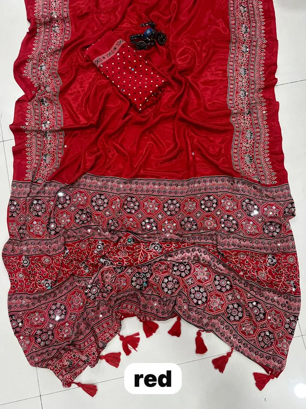 Red_Ajrakh_Print_Saree_with_Designer_Border_and_Tassels