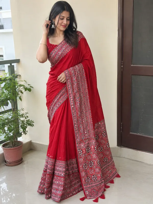 Red_Ajrakh_Print_Saree_with_Designer_Border_and_Tassels