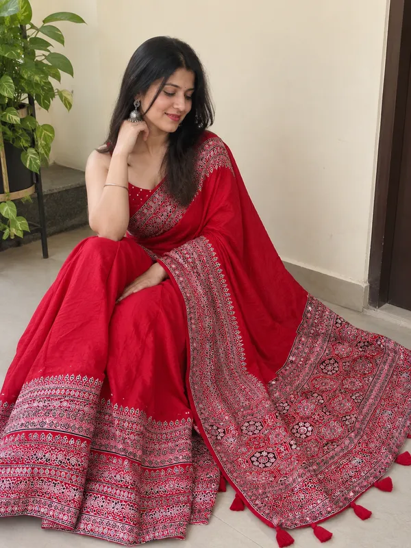 Red_Ajrakh_Print_Saree_with_Designer_Border_and_Tassels