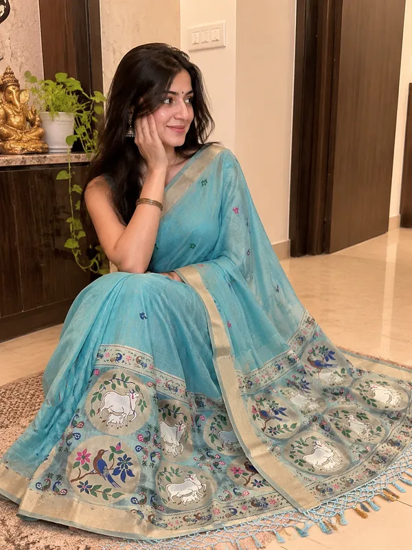 Sky_Blue_Pure_Muga_Cotton_Meenakari_Saree_with_Silver_Zari_Border