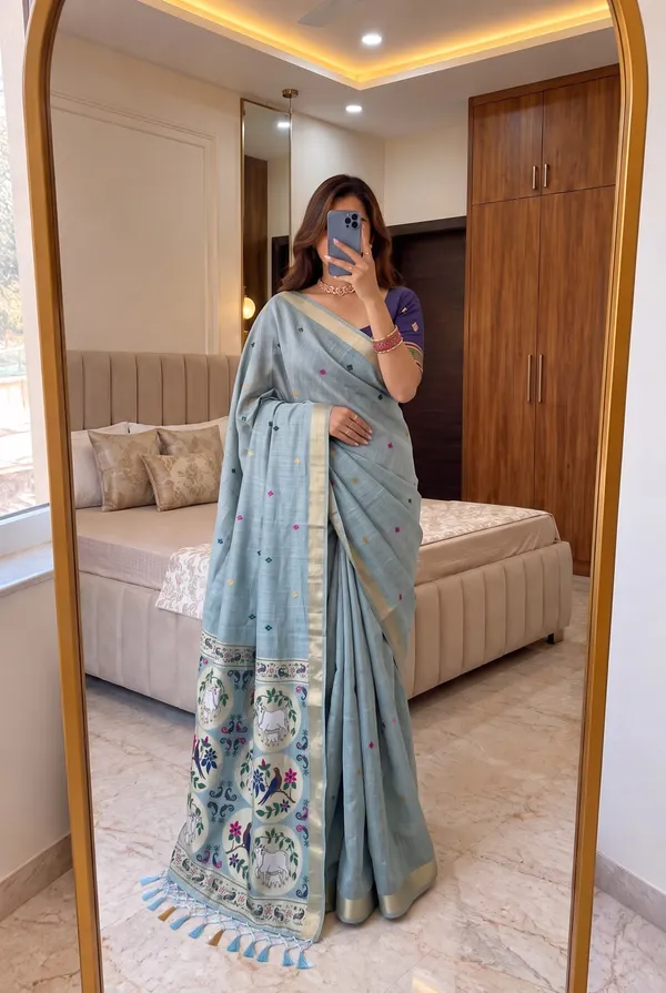 Sky_Blue_Pure_Muga_Cotton_Meenakari_Saree_with_Silver_Zari_Border