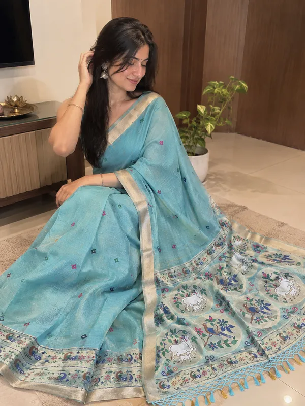 Sky_Blue_Pure_Muga_Cotton_Meenakari_Saree_with_Silver_Zari_Border