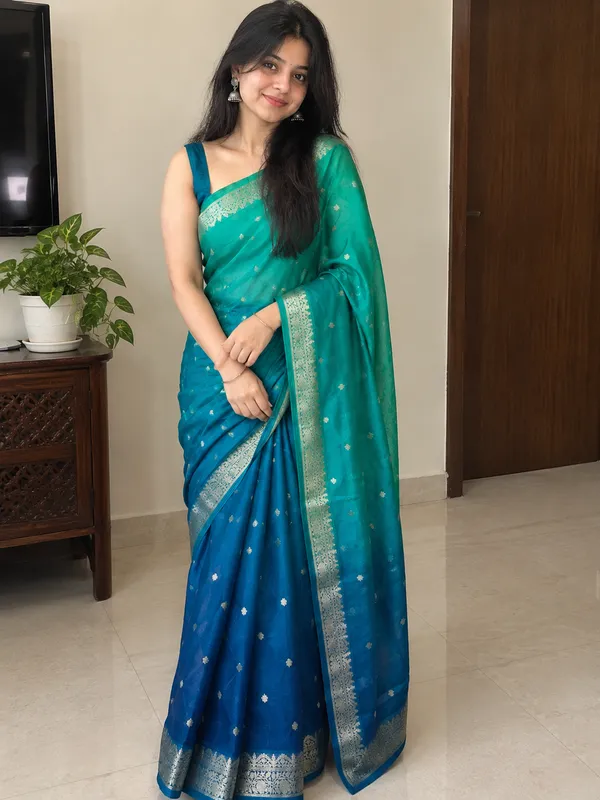 Teal_Green_&_Royal_Blue_Crepe_Silk_Saree