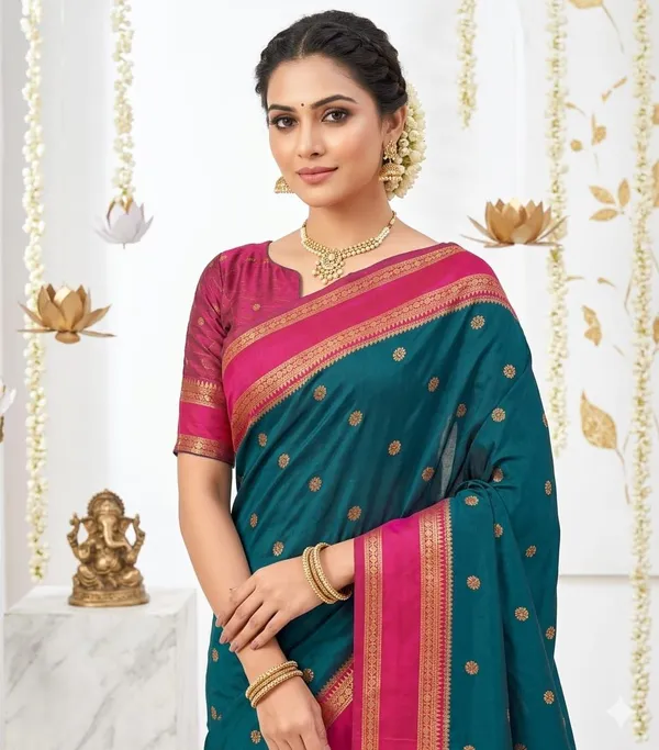Teal_Green_and_Rani_Pink_Lichi_Silk_Saree_For_Women