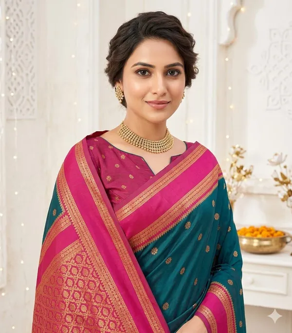 Teal_Green_and_Rani_Pink_Lichi_Silk_Saree_For_Women