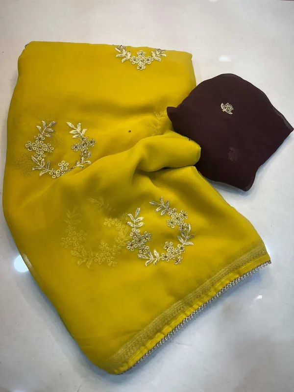 Yellow_Georgette_Stone_Work_Saree_For_Women