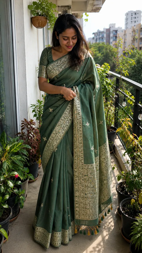 Olive_Green_Chanderi_cotton_with_Jamdani_pallu.