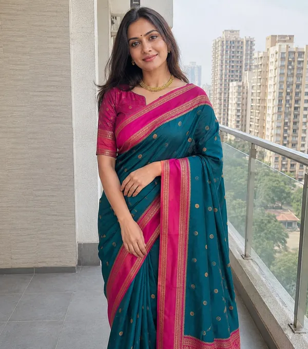 Teal_Green_and_Rani_Pink_Lichi_Silk_Saree_For_Women