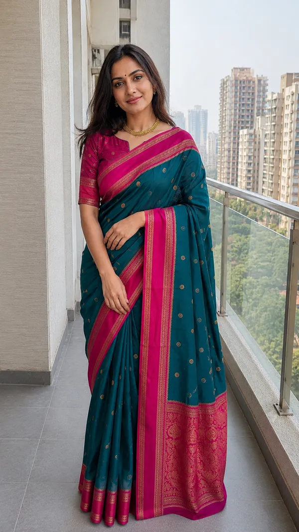 Teal_Green_and_Rani_Pink_Lichi_Silk_Saree_For_Women
