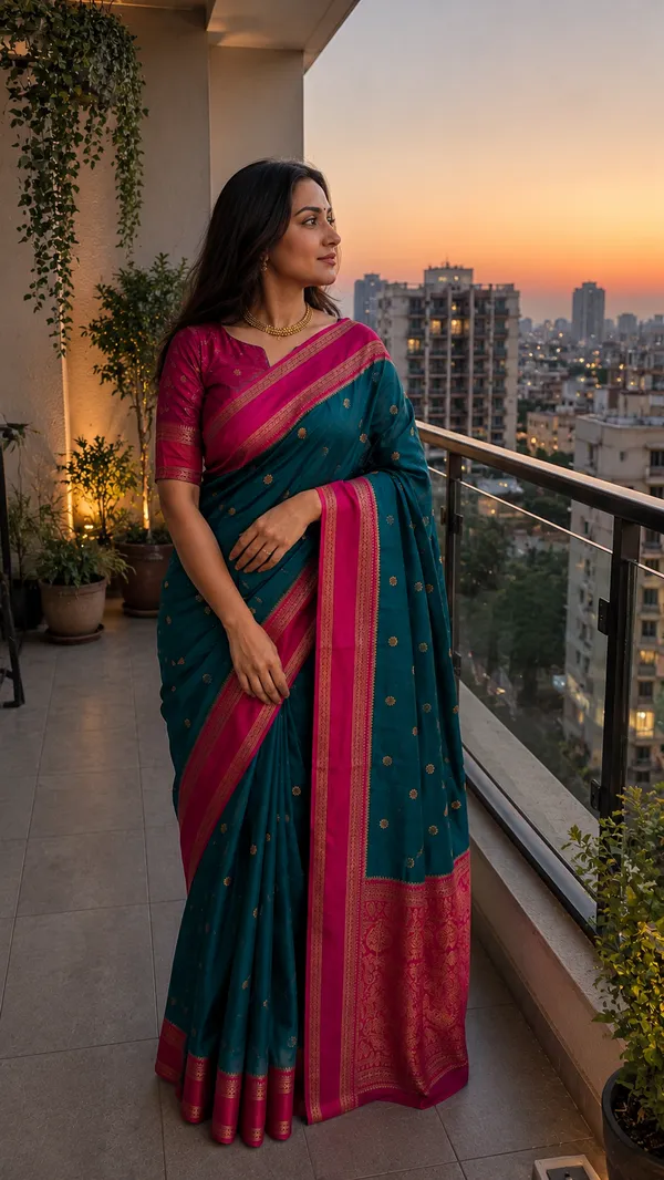 Teal_Green_and_Rani_Pink_Lichi_Silk_Saree_For_Women