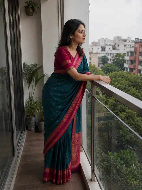 Teal_Green_and_Rani_Pink_Lichi_Silk_Saree_For_Women