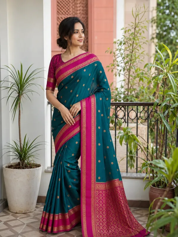 Teal_Green_and_Rani_Pink_Lichi_Silk_Saree_For_Women