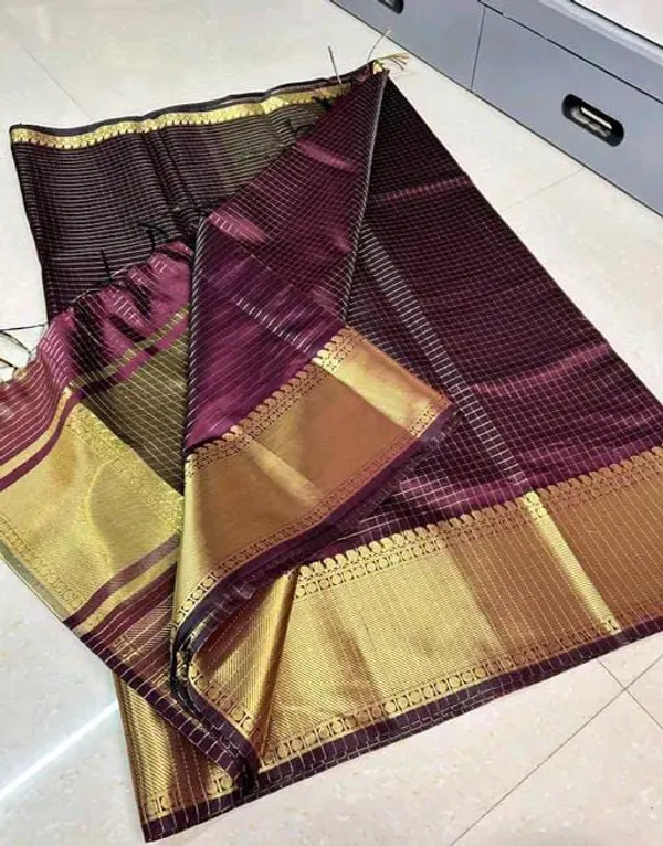Dark_Wine_Softy_Kota_Check_Silk_Saree_with_Blouse_Piece