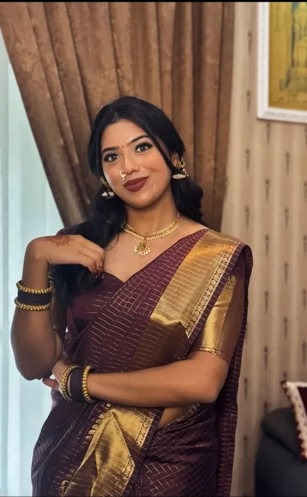 Dark_Wine_Softy_Kota_Check_Silk_Saree_with_Blouse_Piece