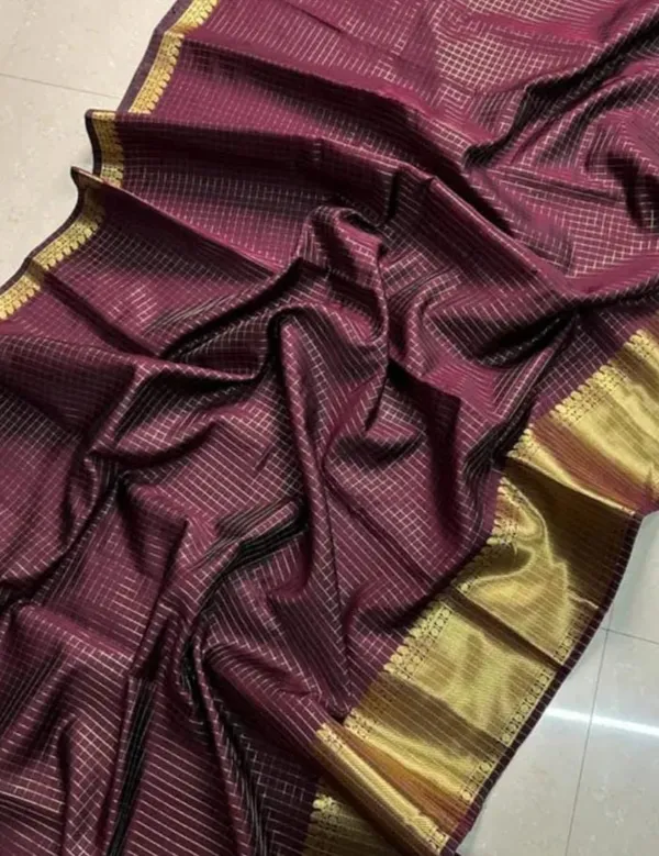 Dark_Wine_Softy_Kota_Check_Silk_Saree_with_Blouse_Piece