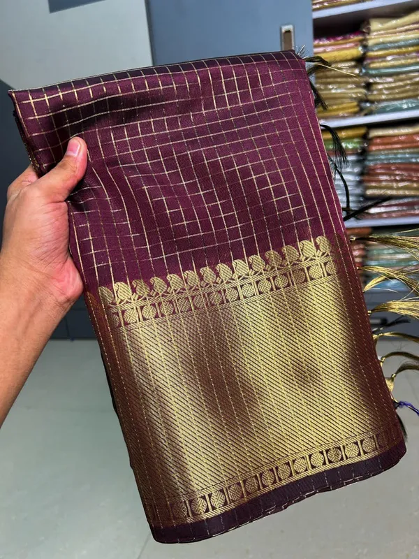 Dark_Wine_Softy_Kota_Check_Silk_Saree_with_Blouse_Piece