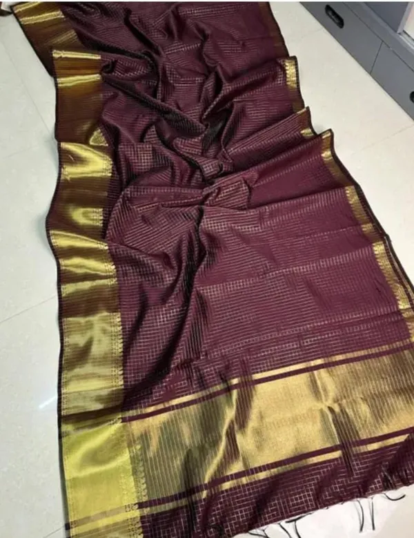 Dark_Wine_Softy_Kota_Check_Silk_Saree_with_Blouse_Piece
