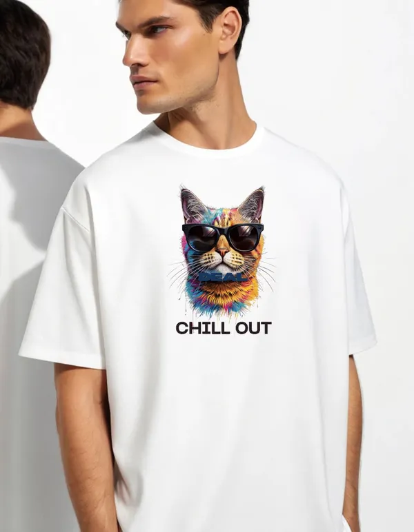 Chill_Out_Cool_Cat_Graphic_Oversized_T-Shirt_-_White_Round_Neck_Tee_with_Colorful_Rainbow_Cat_Print