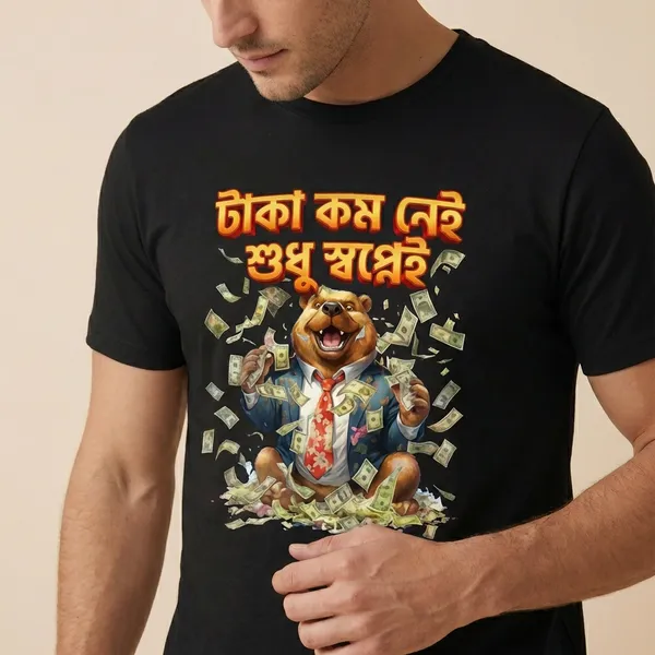 Bengali_Slogan_Graphic_Print_T-Shirt_-_Black_Unisex_Cotton_Tee_with_Money_Theme_Cartoon_Design